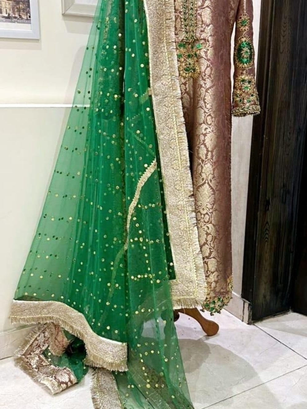 Green Sheer Dupatta with Gold Sequin Trim